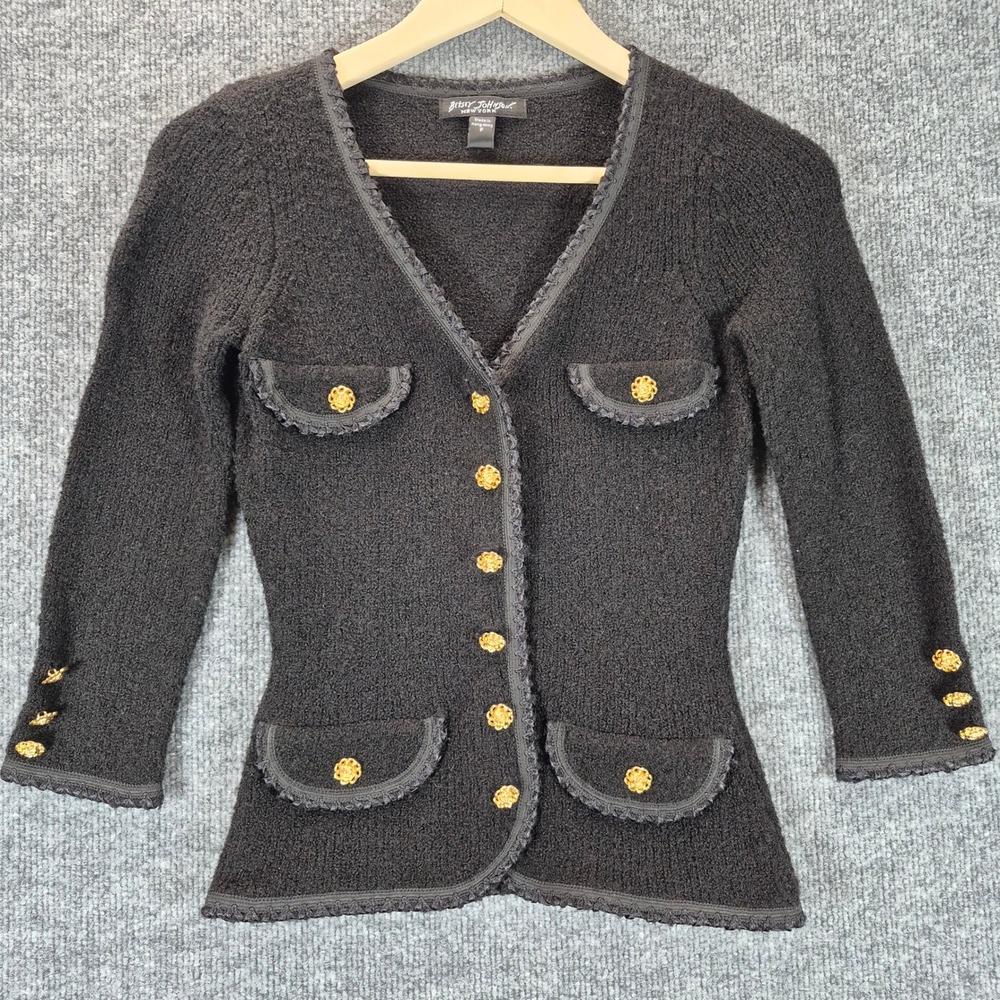 Betsey Johnson Black Cardigan Gold Flower Buttons Ruffle Trim Women's Petite
